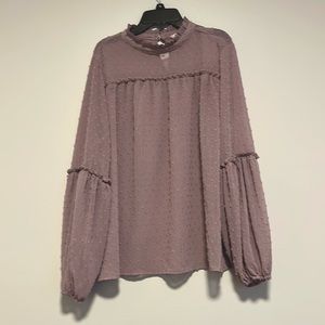Purple Dotted Chiffon Sheer Long Sleeve Mock Neck Blouse
